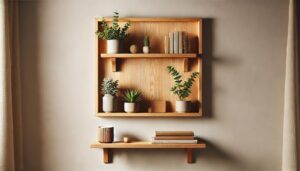 DIY Wooden Wall Shelf Project Cover Image – A stylish wooden wall shelf crafted from simple materials, displayed with home decor items, ideal for DIY enthusiasts.