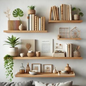 A set of handmade wooden wall shelves, adding rustic charm and organization to a living space.